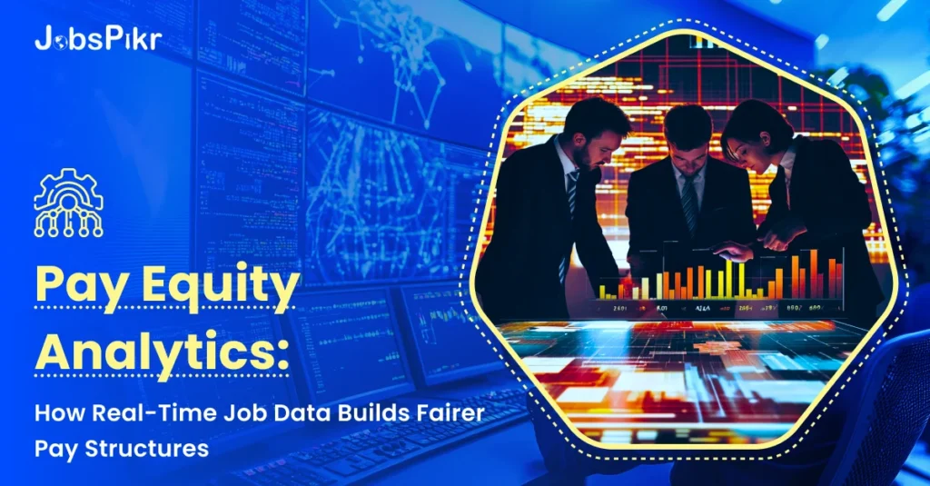 Compensation team using pay equity analytics software to compare live salary data against internal pay bands